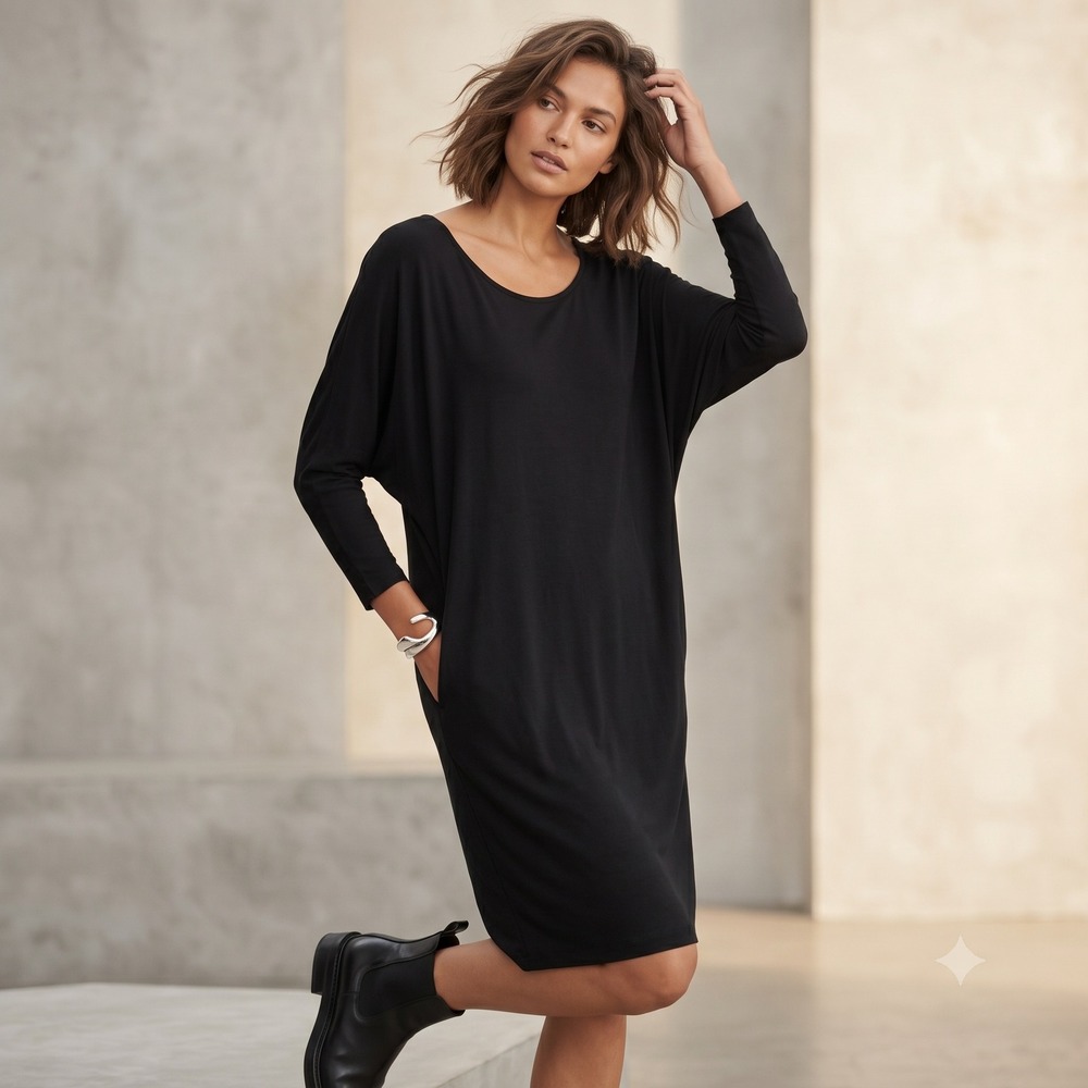 Vince Black Viscose Dolman Sleeve Knit Dress L Long Sleeve Batwing Minimalist